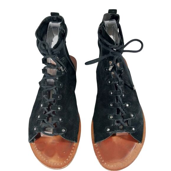 GIANNI BINI! BLACK GENUINE SUEDE LEATHER GREEK STYLE LACE-UP/ZIP SANDALS! SZ 10M - Picture 4 of 13